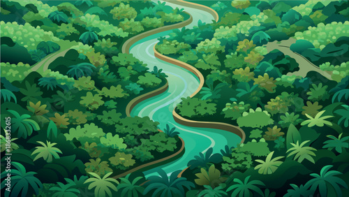 Aerial View of a Winding Blue River Flowing Through Dense Green Tropical Jungle Canopy Illustration
