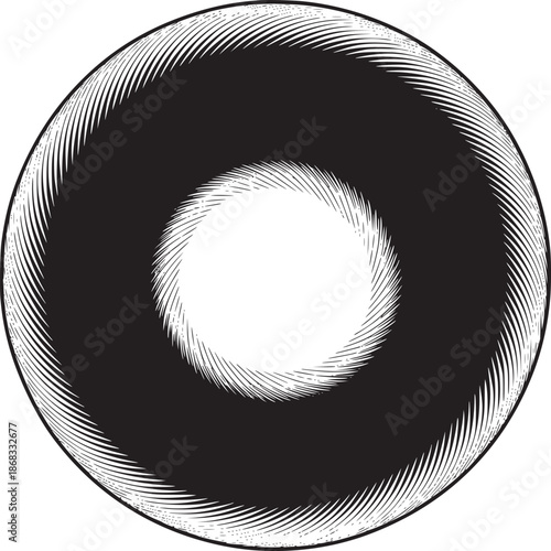 A graphic rendering of a black and white circle with radiating lines creating a vortex effect design