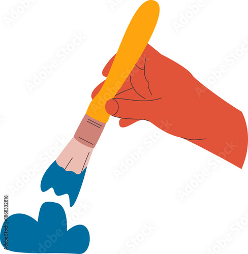 Hand holding a paintbrush with blue paint stroke, flat vector illustration of an artist painting. DIY concept.Creative process and hobby vector illustration