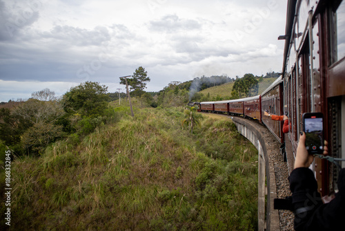 Historic steam train Maria Fumaca in Bento Goncalves Brazil on railway tracks