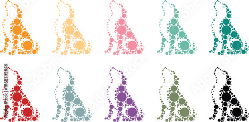 Colorful dot art dog silhouettes on white background, Dog mosaic animal silhouettes