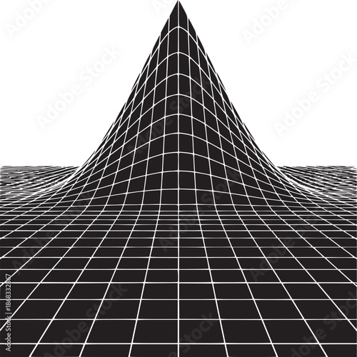 Black and white grid with a central peak rising from a flat plane against a white background space