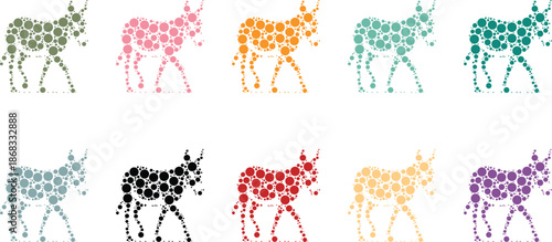 Colorful dot art donkey silhouettes mosaic pattern, Donkey animal mosaic icons