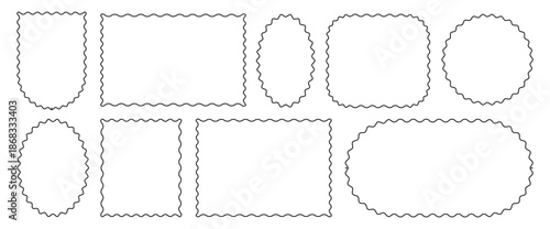 Squiggle frames set. Zigzag wavy edges, retro frames, stickers, photo frames, text boxes, tags, labels.