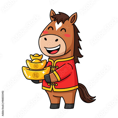 A cartoon horse in a red uniform holding golden ingots