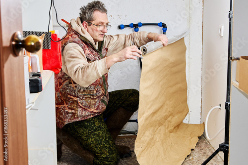 For greater efficiency of heating cable plumber uses foil paper to wrap pipes.