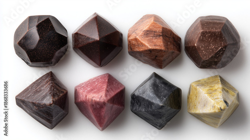 geometric chocolate collection flat lay, luxury chocolate gems assortment, artisan chocolate candy shapes
