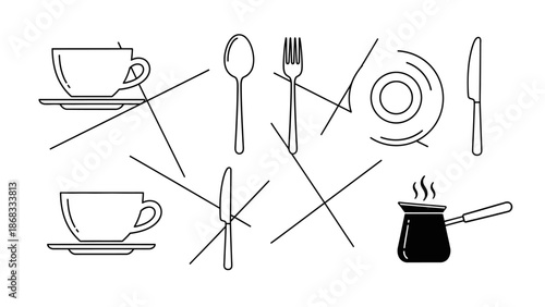Minimalist dining set illustration coffee cups plates cutlery and lines