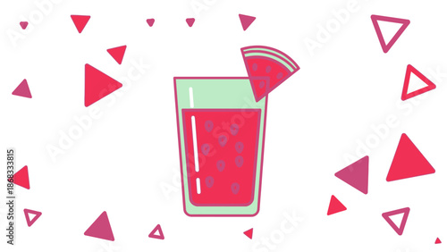 Refreshing watermelon drink illustration on white background with geometric shapes