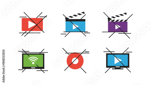 Prohibited media elements play wifi and circle icons with slash symbols