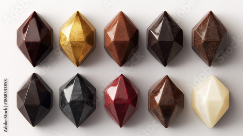 geometric chocolate collection flat lay, luxury chocolate gems assortment, artisan chocolate candy shapes

