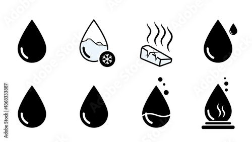 Black liquid drop icons in various styles on a white background