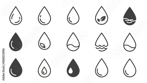 A collection of various droplet illustrations in different styles on a white background