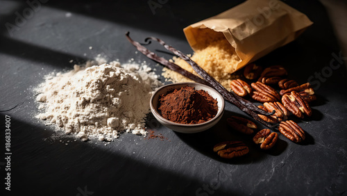 Different cooking ingredients are placed on a dark surface in a kitchen setting during soft natural light Generative AI