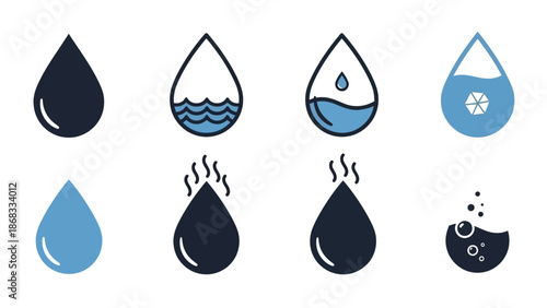 Collection of Water Droplet Illustrations Depicting Various States and Processes