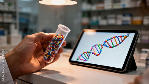 Scientist holds colorful beads while observing DNA model on tablet in laboratory Generative AI