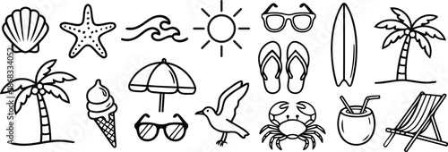 A delightful collection of hand-drawn black and white summer beach icons and elements