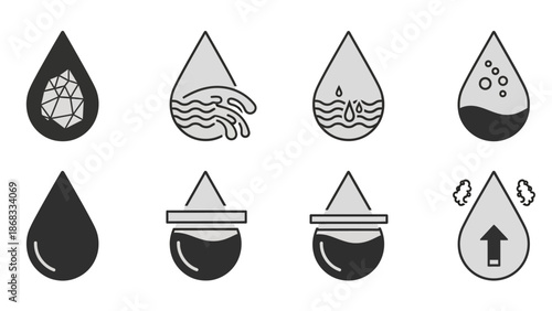 Collection of abstract droplet illustrations showcasing various designs and symbols in black and white