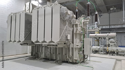large power transformer and gis switchgear in modern electrical substation 