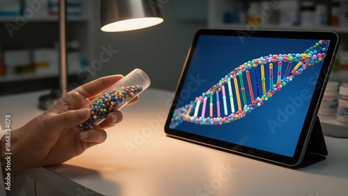 A person is holding a small container filled with colorful beads in one hand