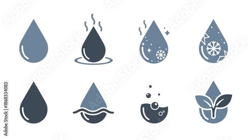 Collection of water droplet icons in various designs and styles