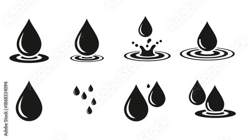 Collection of black water droplet icons on white background illustrating various states of water
