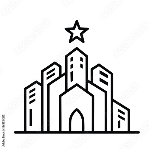 Modern City Skyline Line Art Icon with Skyscrapers and Star, Urban Real Estate Development and Metropolitan Business Vector