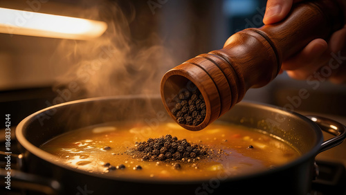 Person adds black pepper to pot of soup on stovetop during cooking session in kitchen at evening Generative AI