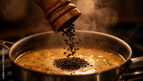 Cooking soup on a stove with spices being added in a kitchen environment during the evening Generative AI