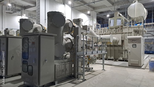 large power transformer connected to gis system inside electrical substation