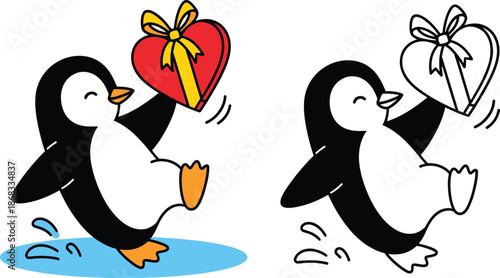 Happy Penguin with Heart Shaped Gift Adorable Animal for Love Celebrations and Valentines Day