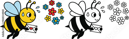 Busy Bee Delivering Love Letter Amidst Flowers Adorable Insect for Valentines and Nature Themes