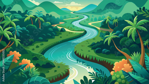 Vibrant Tropical River Valley Landscape with Winding Stream, Palm Trees, and Green Mountains in Flat Vector Style