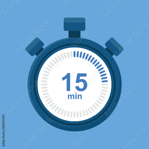 15 minutes timer, stopwatch vector icon. Stopwatch icon in flat style. Vector stock illustration.
