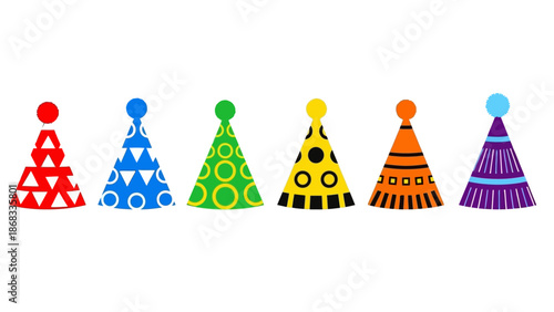 Colorful party hats arranged in a row isolated on white background vector