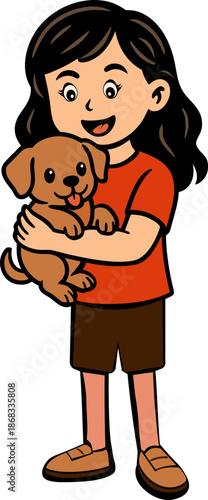 Cute Girl Holding Dog Puppy in her hand cartoon illustration, is best for Pet shop or Veterinary hospital as well as dogs and puppies related social media ads. 
