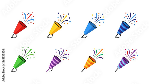 Colorful party poppers illustration against white background for celebration themes