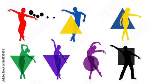 Colorful silhouette dancers performing modern movements against a white background