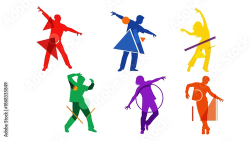 Colorful silhouettes of dancing figures against white background
