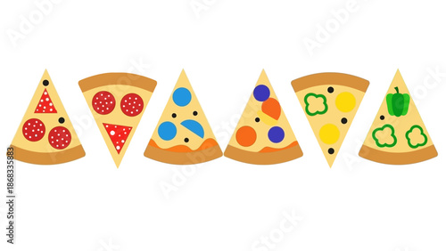 Colorful vector illustration of assorted pizza slices for food concepts