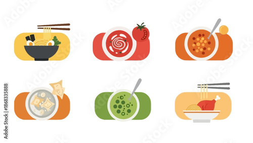 Colorful vector illustrations of various soups and ramen dishes ready to eat