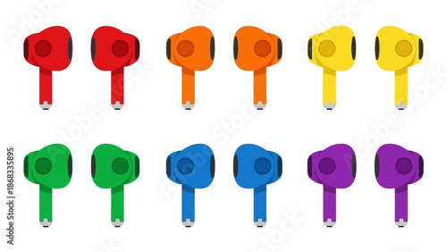 Colorful wireless earbuds array on white background for modern design