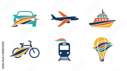 Transportation icons car airplane boat bicycle train hot air balloon vectors