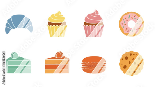 Assortment of baked goods croissant cupcakes donut cakes and macarons