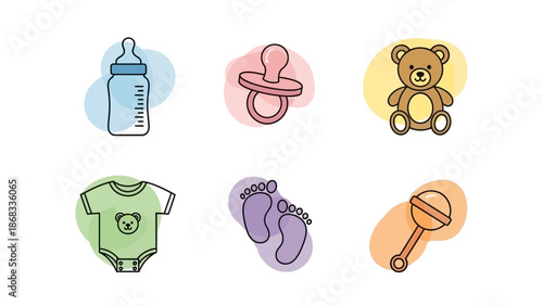 Baby essentials illustration bottle pacifier teddy bear onesie footprints rattle