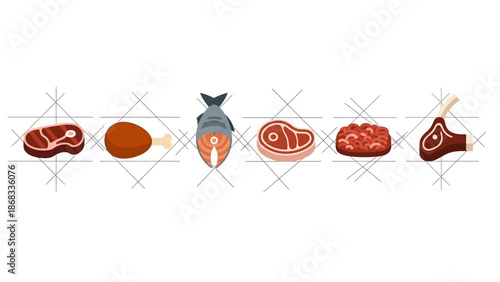 Assortment of cooked meat and fish illustrations on a white background