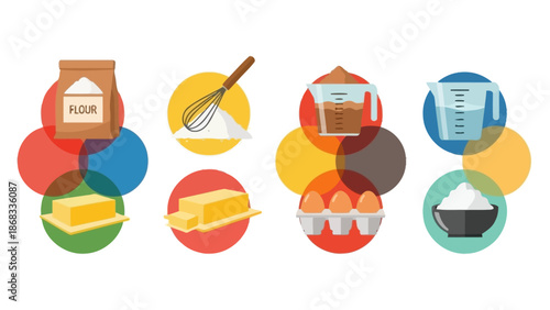 Baking ingredients flour eggs butter sugar illustrated elements on colorful backgrounds