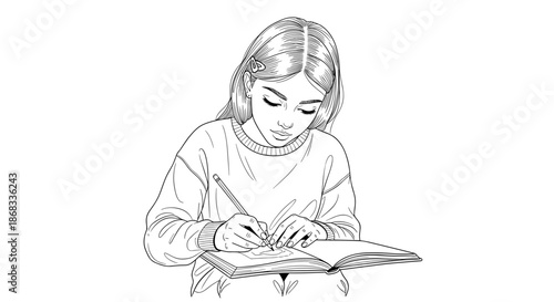 Girl writing in notebook sketch