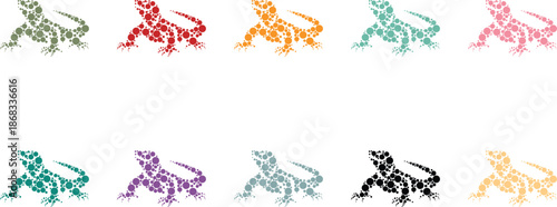 Colorful dot art lizards in various colors, Lizard reptile mosaic silhouettes