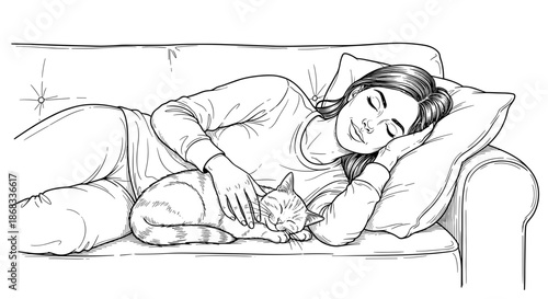 Woman napping with cat on sofa sketch